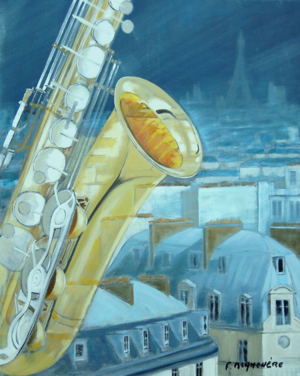 BLANCHÈRE Francis /  Artiste - Peintre "Saxophone sur le toit " Disponible