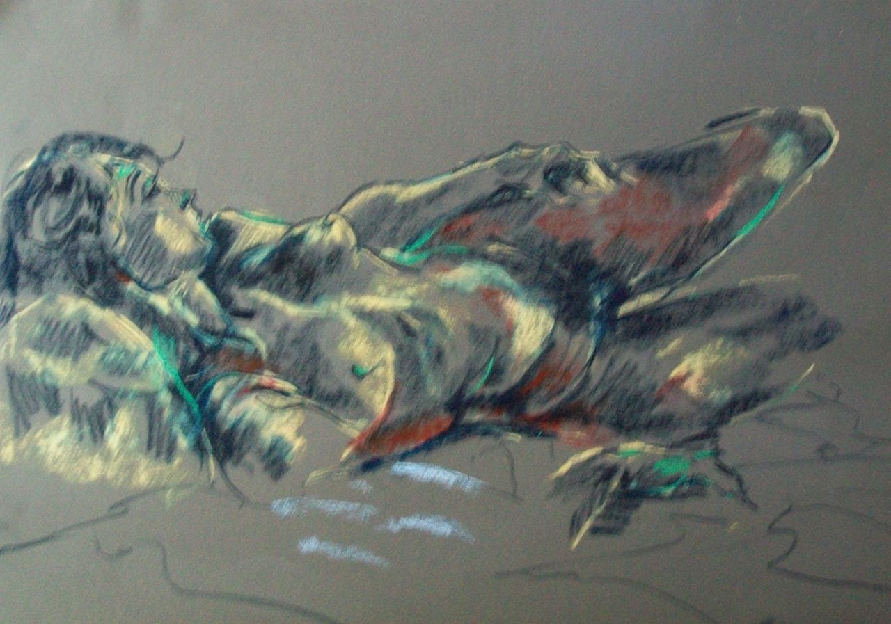 genevieve Bonnet-Cadith Nue couchée pastels secs sur papier peint gris 2017
